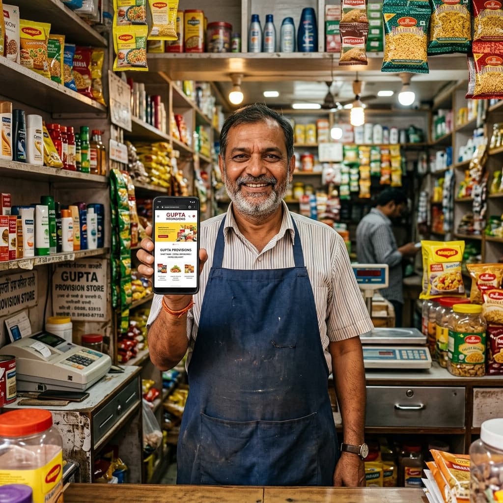 Shopkeeper holding smartphone
