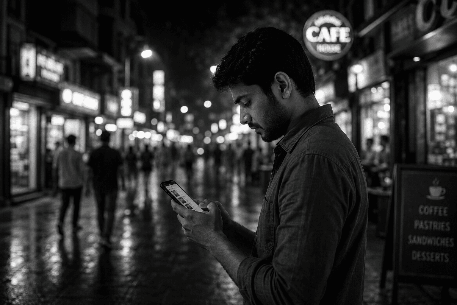 Person searching on maps at night